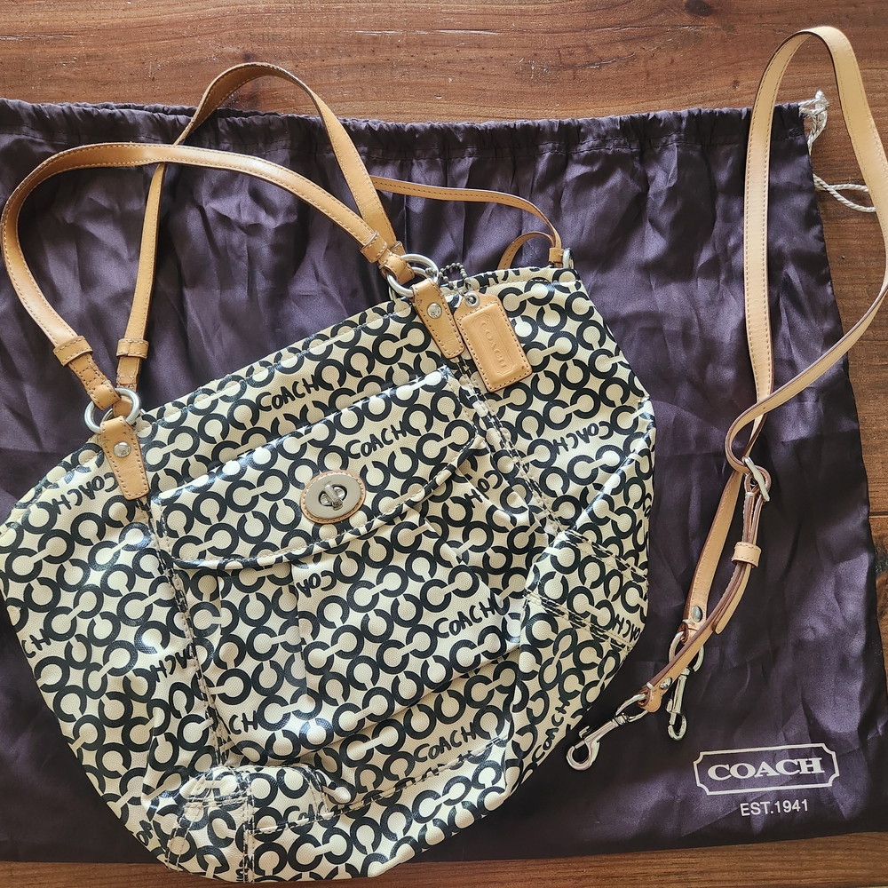 Coach Signature Canvas Shoulder Bag - Black and Tan